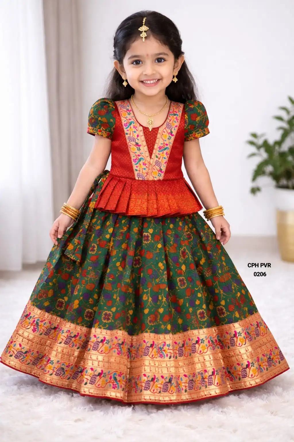 Maroon and Green Kids Lichi Silk Lehenga Choli